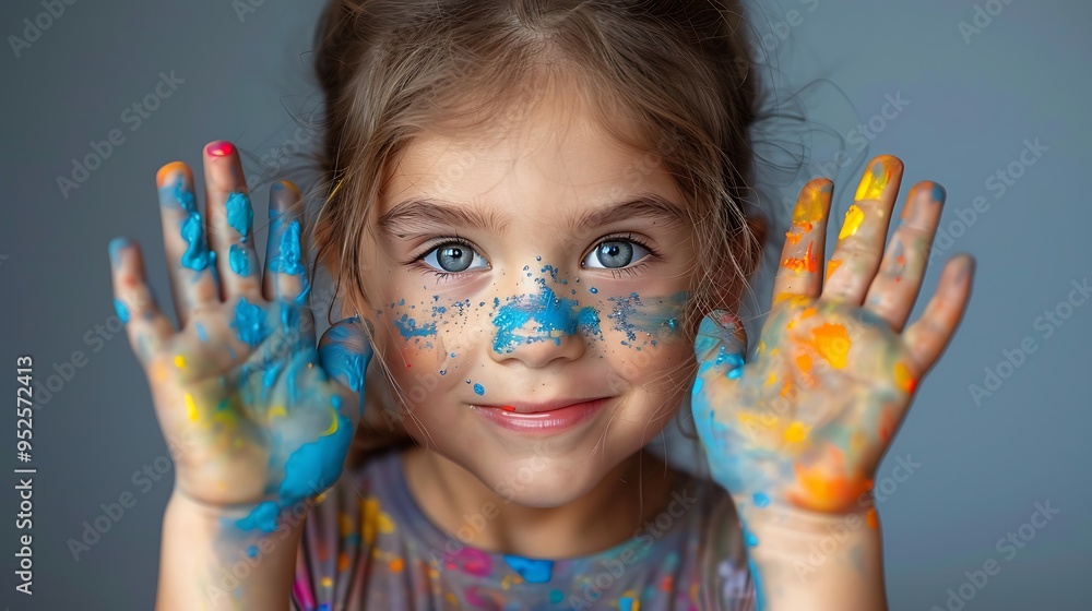 A young girl with paint on her hands and face, looking at the camera with a smile. A young girl with paint on her hands and face, looking at the camera with a smile.