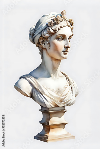Watercolor painted ancient classical female sculpture bust isolated on white background. Generative AI.