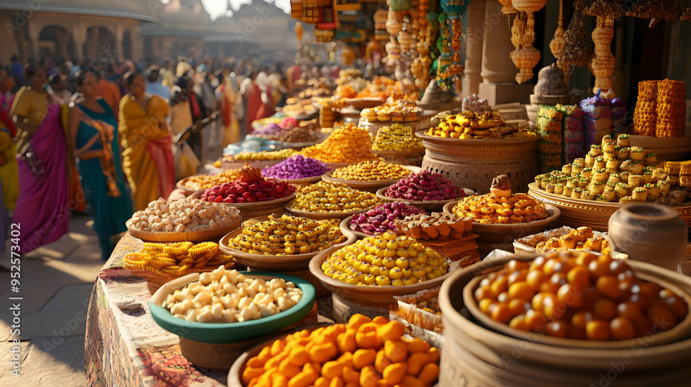 Fototapeta premium 3D Candid Vendors Selling Dussehra Sweets concept as A candid shot of vendors selling traditional sweets at a Dussehra market with colorful displays and customers enjoying the treats. The image captur
