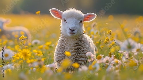 A fluffy white lamb sits in a field of yellow and white wildflowers.