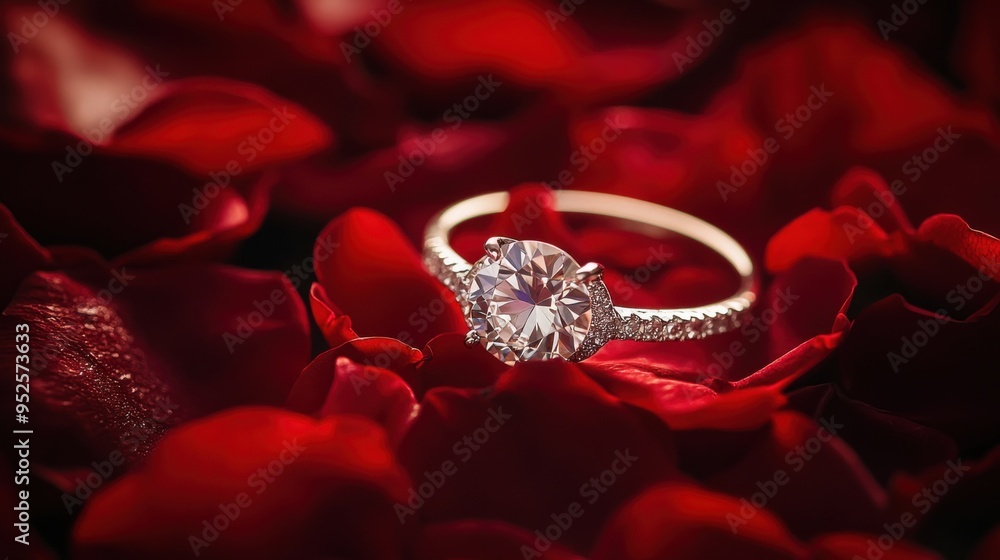 Diamond Engagement Ring on Red Roses Diamond Engagement Ring on Red Roses