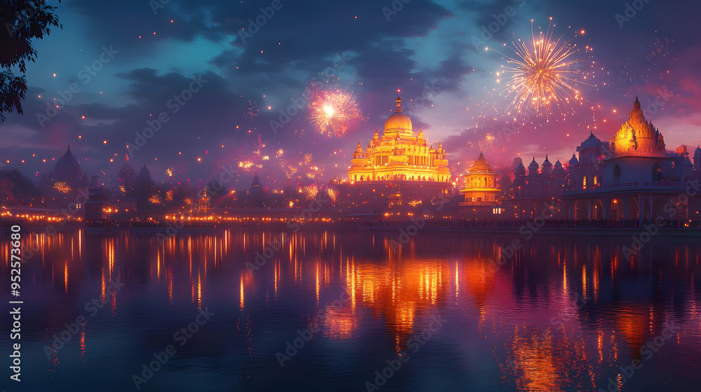 Obraz premium 3D Dussehra Fireworks Display concept as Wide shot of a Dussehra fireworks display over a temple with the glossy reflections of the colorful explosions on the water below creating a stunning visual fo