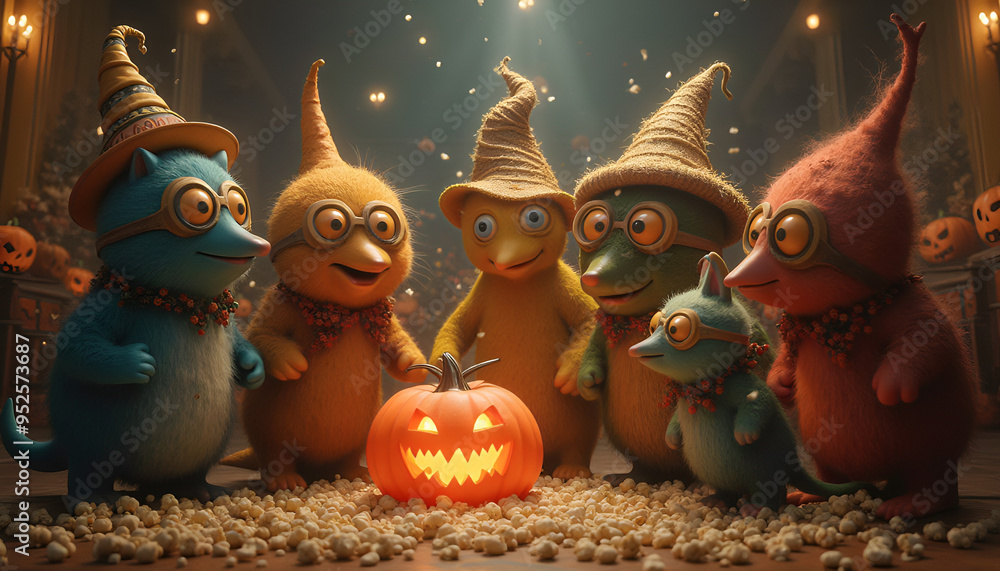 Obraz premium a group of Halloween-themed creatures gather around an old-fashioned halloween decoration, all dressed in festive cheer and goggles. The decorations are so large that they seem to shimmer and sparkle 