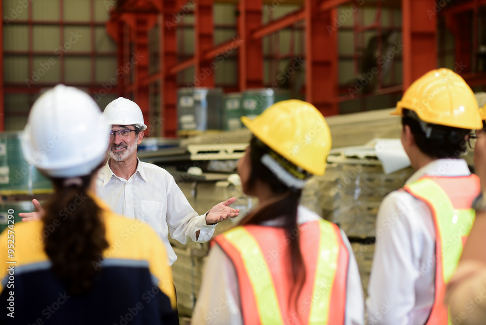 Professional Caucasian manager engineer wearing safety hardhat is training industry worker, workshop factory operator, mechanical engineering team production in heavy industrial manufacture factory. Professional Caucasian manager engineer wearing safety hardhat is training industry worker, workshop factory operator, mechanical engineering team production in heavy industrial manufacture factory.
