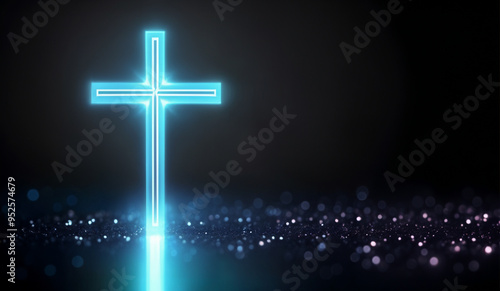 Cool tones holographic glowing Christian cross with copy space.