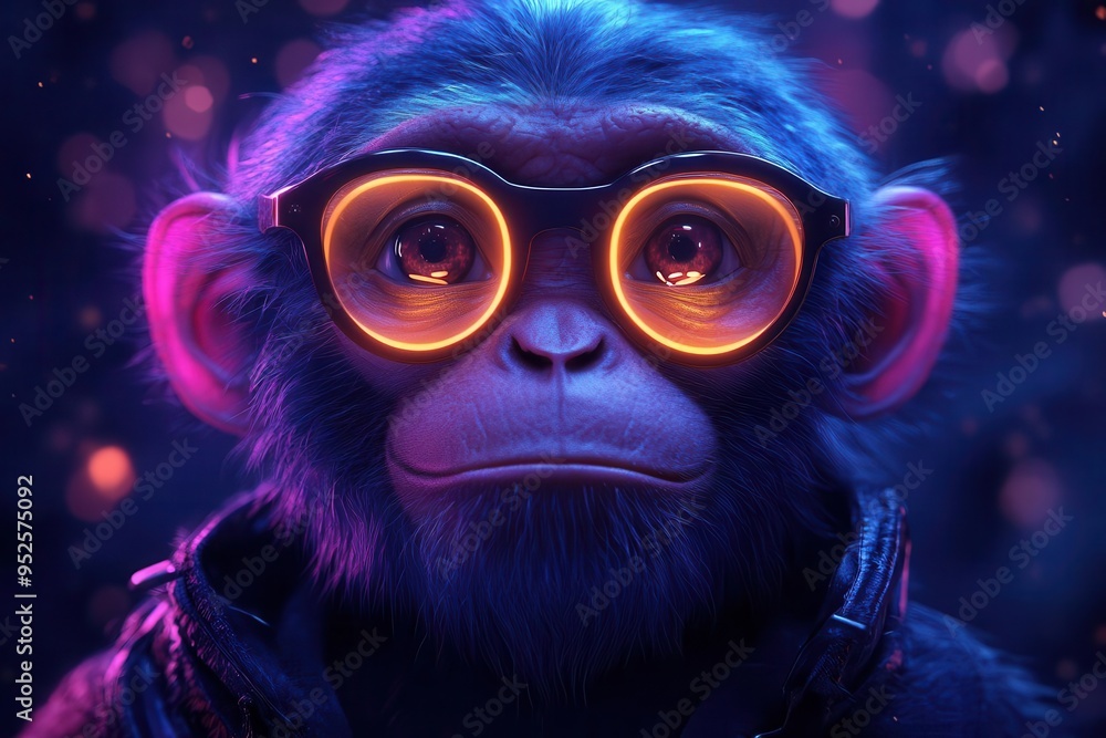 whimsical digital illustration of a neon monkey face with glowing eyes floating amidst a starry galaxy background exuding curiosity and playfulness whimsical digital illustration of a neon monkey face with glowing eyes floating amidst a starry galaxy background exuding curiosity and playfulness