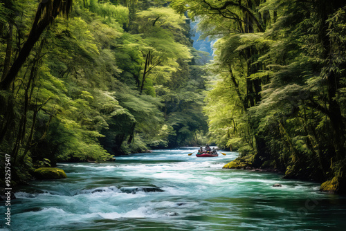 Rafting Through Lush Forest River Rapids: A Breathtaking Landscape photo