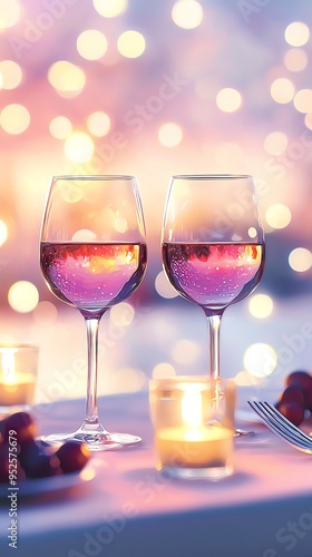 Romantic evening with two glasses of wine, candlelight, and bokeh background, perfect for date or celebration stock photo.