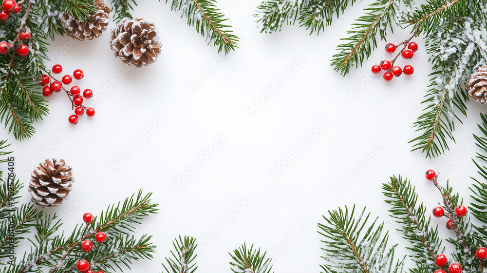Christmas background with snow, fir branches on ivory white background, center space for text or design. red berries, pine cones. Christmas background with snow, fir branches on ivory white background, center space for text or design. red berries, pine cones.