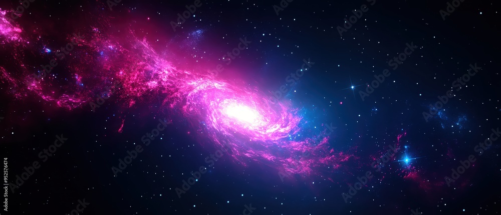 Naklejka premium A stunning galaxy image featuring vibrant pink and blue hues against a dark cosmic backdrop, illustrating the beauty of the universe.