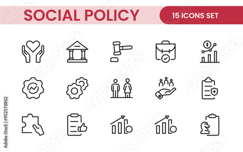 Set of Social Policy and Insuranceline icons. Outline icon collection related to education, insurance, law, goverment and more.