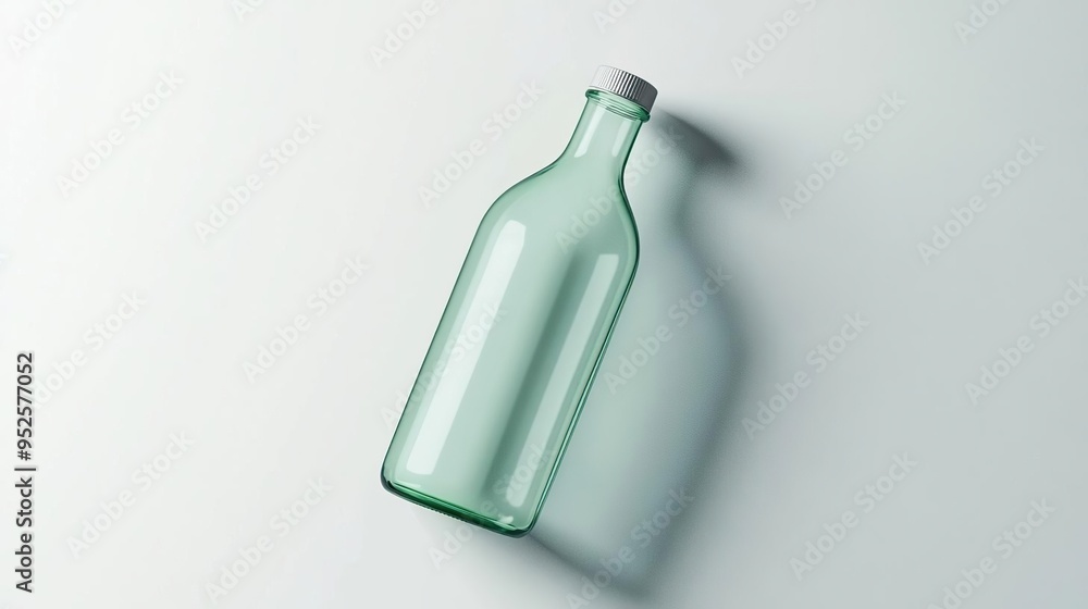 A minimalist green glass bottle resting on a surface, casting a soft shadow. A minimalist green glass bottle resting on a surface, casting a soft shadow.