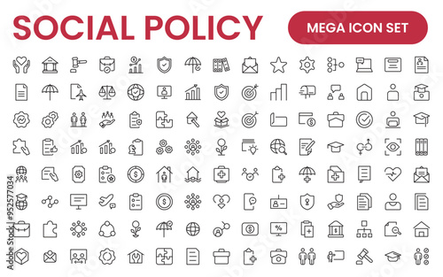 Set of Social Policy and Insuranceline icons. Outline icon collection related to education, insurance, law, goverment and more.
