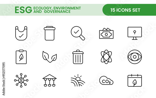 ESG flat line icon set. Outline icon collection related to ecology, environment social governance, risk management, sustainable developmen and more. photo