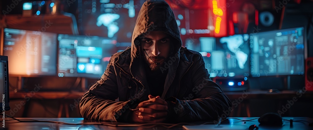 Hooded Hacker Sitting at a Computer Desk With Multiple Screens. Hooded Hacker Sitting at a Computer Desk With Multiple Screens.