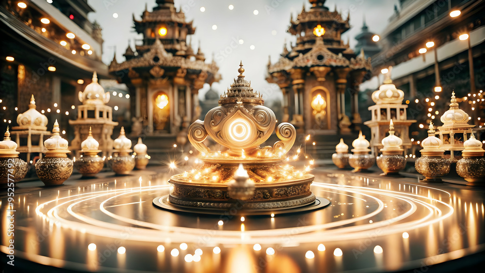 Obraz premium 3D Glowing abstract art of a digital marketplace with Labh Pancham symbols concept as An abstract digital art piece depicting a digital marketplace illuminated by glowing Labh Pancham symbols. The mar
