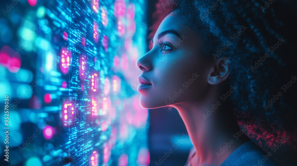 A young woman works with computer code and data. Web engineer interacting with AI. A programmer analyzes the code. A data specialist visualizes information. A young woman works with computer code and data. Web engineer interacting with AI. A programmer analyzes the code. A data specialist visualizes information.