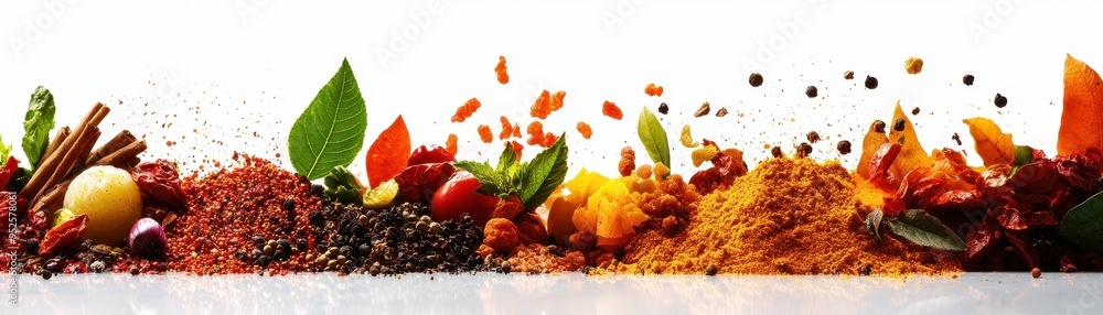 Fototapeta premium Vibrant assortment of spices and herbs on a white background, showcasing colorful and aromatic culinary ingredients for cooking and seasoning.