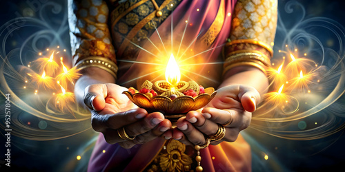 Radiant digital art of hands offering Labh Pancham blessings concept as A glowing abstract digital art featuring hands extended forward in a gesture of offering surrounded by vibrant light patterns th photo