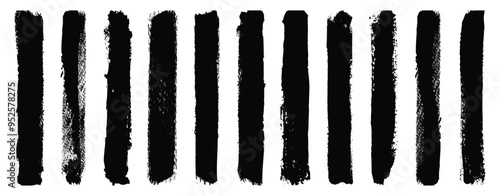 Straight Black Brush Strokes Set. Grunge Paint stripe . Vector brush Stroke . Distressed banner . Black isolated paintbrush collection. Hand drawn black lines. 