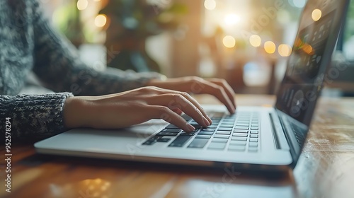 Close-up of fingers typing on a laptop with a social media management tool visible, warm ambient light casting soft shadows, high-definition quality, realistic details, slightly blurred background,