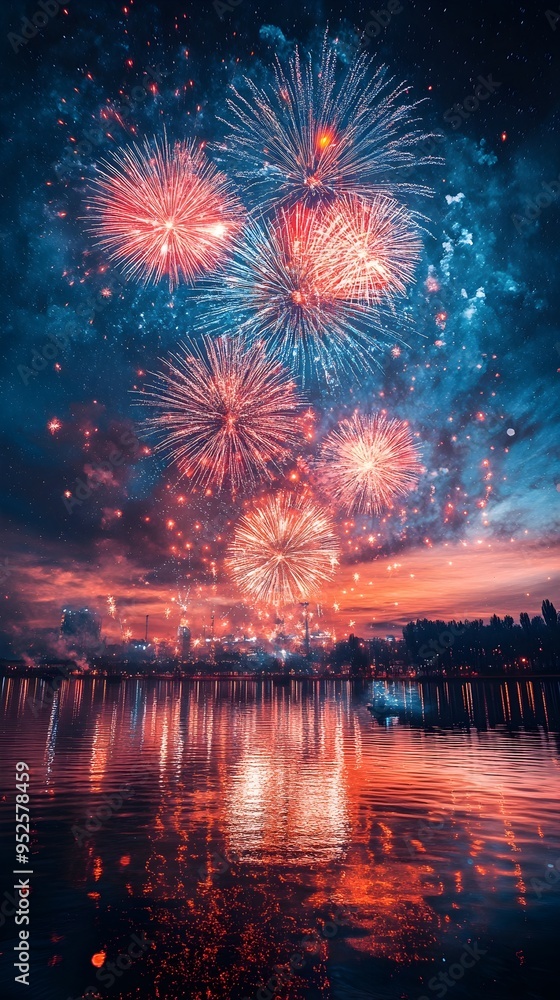 Obraz premium A stunning display of fireworks explodes over a calm lake, creating a mesmerizing reflection in the water.