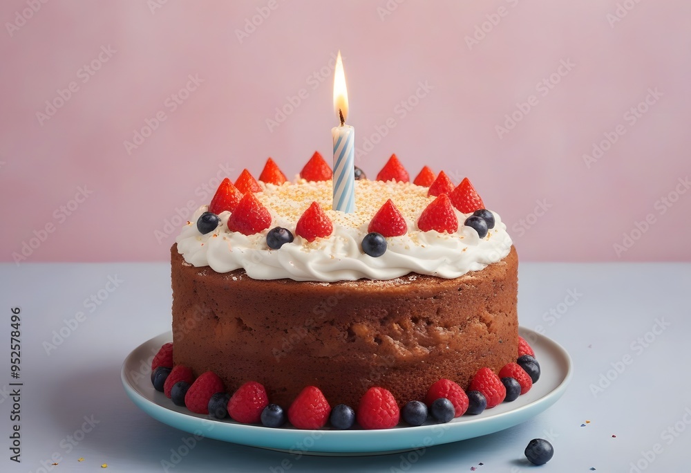 Birthday cake with candle on colorful striped background Birthday cake with candle on colorful striped background