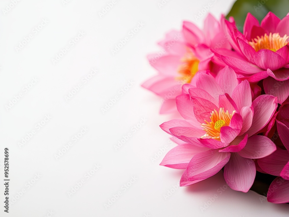 Beautiful pink lotus flowers on a white background, ideal for spring and summer themes, spa, wellness, and floral decor. Beautiful pink lotus flowers on a white background, ideal for spring and summer themes, spa, wellness, and floral decor.