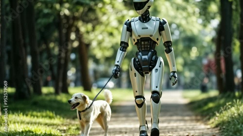 Humanoid robot walking a dog in a park on a sunny day reflecting future technology and artificial intelligence