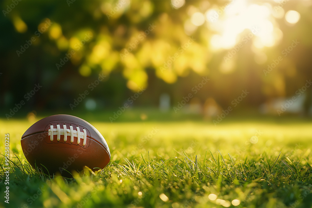 American football on park grass on sunny Summer day, copy space American football on park grass on sunny Summer day, copy space