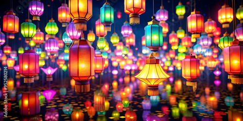 3D Radiant abstract digital art of Labh Pancham with glowing lanterns concept as A glowing abstract digital art banner featuring floating lanterns symbolizing Labh Pancham rendered in vibrant neon col photo