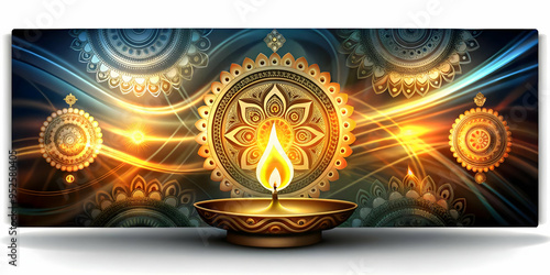 3D Abstract neon design of Labh Pancham with glowing flowers concept as A vibrant glowing abstract digital art banner depicting flowers symbolizing Labh Pancham rendered in neon colors. The flowers ar