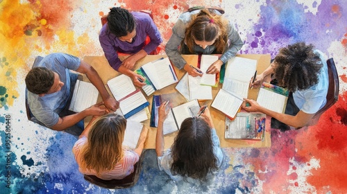 Collaborative Learning: Diverse Students Studying Together in Watercolor Painting Poster