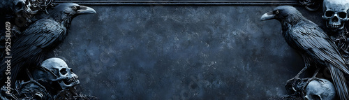 Raven and Skull Border with Omen Text concept as A dark and eerie border frame featuring ravens and skulls around the edges with the word Omen in a gothic font. The design provides ample copy space pe