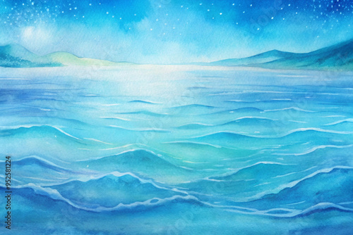 Vibrant watercolor seascape with blue waves and a starry night sky