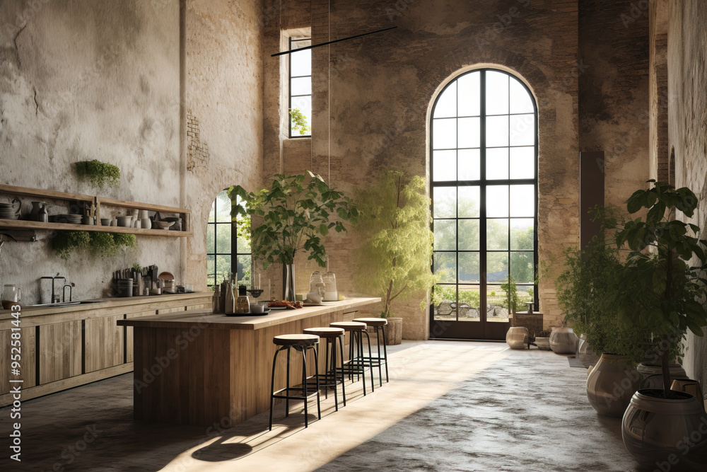 Fototapeta premium Rustic Kitchen Design with Large Windows and Natural Light