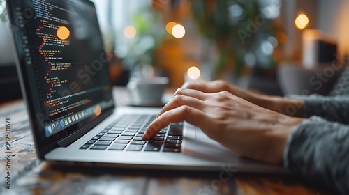 Detailed shot of fingers coding in a dark mode editor on a laptop, the screen filled with lines of code, soft light from the screen reflecting on the hands, hd quality, realistic details, photo