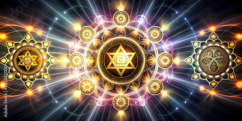 3D Glowing abstract digital art of Labh Pancham with sacred symbols concept as A glowing abstract digital art banner depicting sacred symbols of Labh Pancham surrounded by radiant light patterns. The  photo