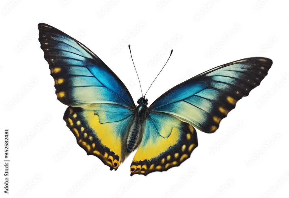 Very beautiful blue yellow green butterfly in flight isolated on a transparent background Very beautiful blue yellow green butterfly in flight isolated on a transparent background