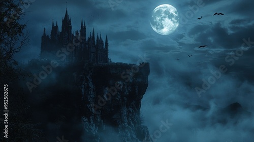 A haunted castle on a foggy cliff with a full moon shining behind it bats circling the turrets as shadows move across the windows