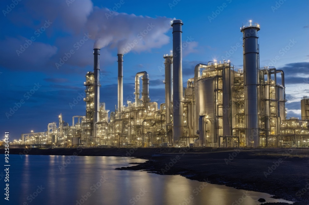Fototapeta premium Industrial complex by water at twilight