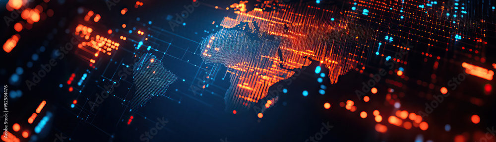 A vibrant digital world map with glowing data streams and connections ...