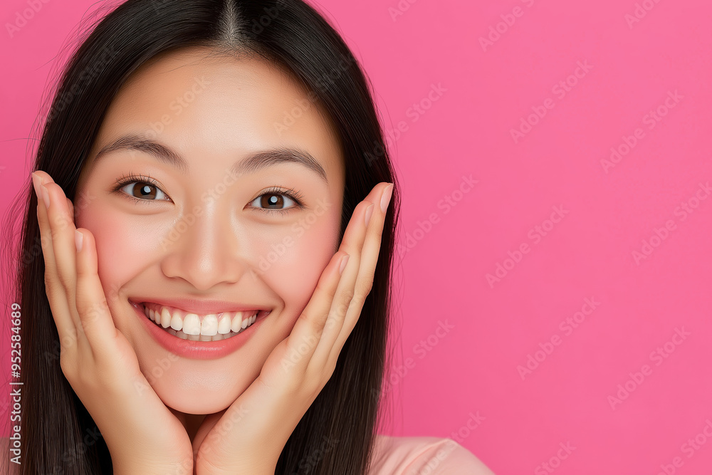 Portrait of a smiling Asian woman with hands on face against a pink background Portrait of a smiling Asian woman with hands on face against a pink background
