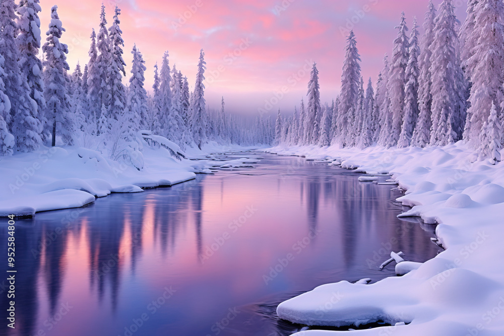 Serene Winter Landscape with Snow Covered Trees and Frozen River Serene Winter Landscape with Snow Covered Trees and Frozen River