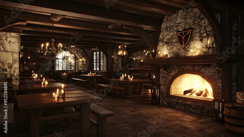 Warm medieval tavern with candlelight wooden tables and a roaring fireplace Cozy with rich wood tones soft flickering light detailed 3D rendering