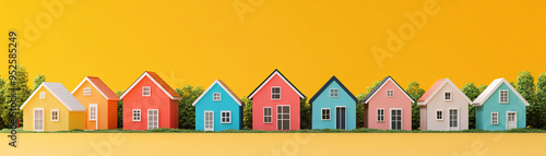 Wallpaper Mural Colorful miniature houses lined up against a vibrant yellow background, showcasing cheerful architecture and a sunny atmosphere. Torontodigital.ca
