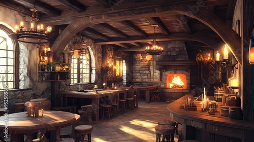 Warm medieval tavern with candlelight wooden tables and a roaring fireplace Cozy with rich wood tones soft flickering light detailed 3D rendering