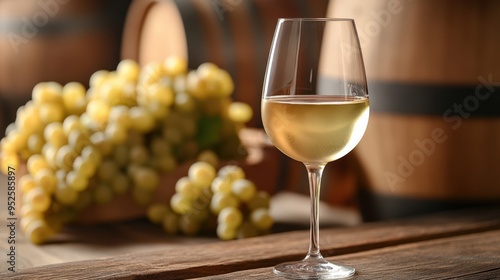 Sunlit White Wine and Grapes in Winery