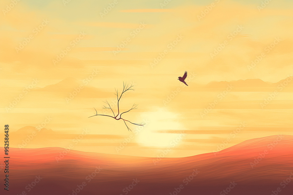 Naklejka premium Serene Sunset Landscape with a Bird in Flight