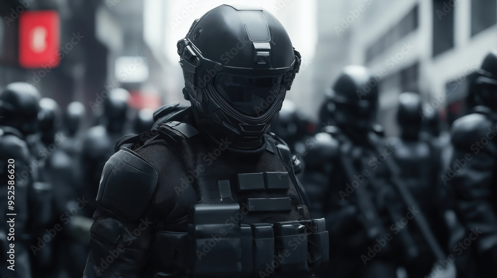 Futuristic armored soldiers in urban environment during a tense operation Futuristic armored soldiers in urban environment during a tense operation